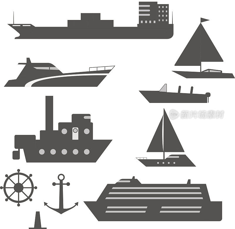 Set of black and white ship icons
